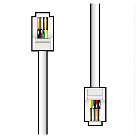 Illustration of two AV:Link RJ11 Modular Plug To Plug Leads - 3m, with exposed colored wires showing wiring sequences. One reveals yellow, orange, black, red wires; the other displays white, green, blue, brown wires. These gray cables are commonly used with ADSL modem connections to ensure optimal performance.