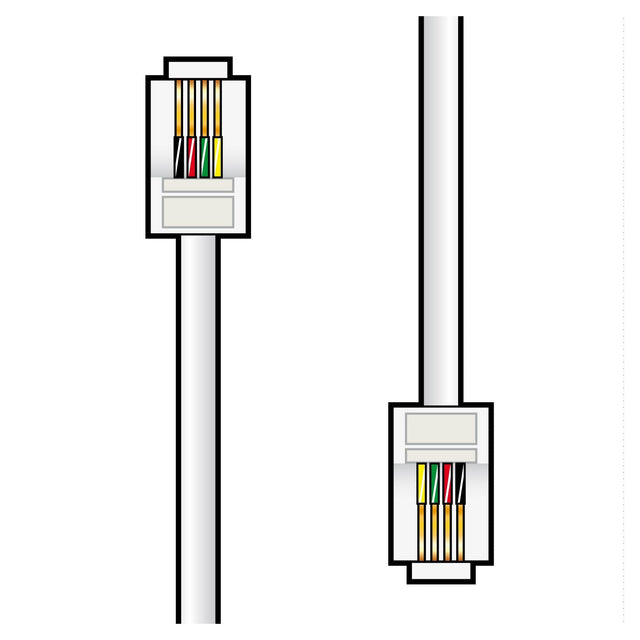 Illustration of two AV:Link RJ11 modular plugs with exposed wiring, reminiscent of a telephone outlet. Each plug features green, white, orange, and blue wires arranged inside. The cables are vertically positioned to provide a detailed view of the internal structure.