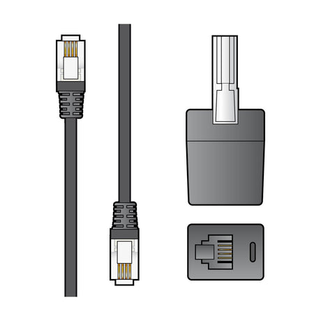 AV:Link RJ11 3.0m modem lead in matt black with 6P4C plugs at both ends and a BT431A telephone plug adaptor, shown on a plain white background.