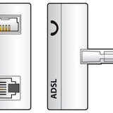 AV:Link ADSL signal filter by AVSL, white plastic adapter with RJ11 socket, filtered BT431A socket, and BT431A plug shown in close-up detail.