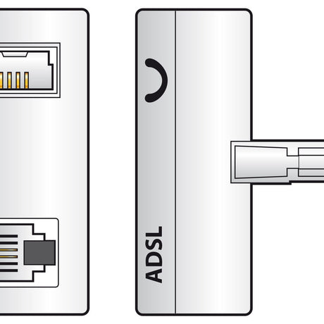 AV:Link ADSL signal filter by AVSL, white plastic adapter with RJ11 socket, filtered BT431A socket, and BT431A plug shown in close-up detail.