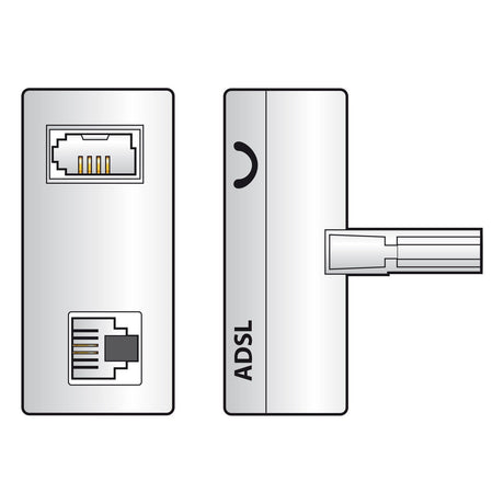 Illustration of the AV:Link ADSL Signal Filter with two ports. One port features an RJ11 socket connected to a phone line cable, while the other is labeled for a network cable. This silver, rectangular splitter ensures a seamless ADSL connection.