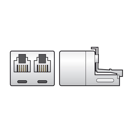AV:Link RJ11 plug to 2 x RJ11 socket splitter by AVSL, shown in front and side view with white casing and twin modular sockets on a plain background.