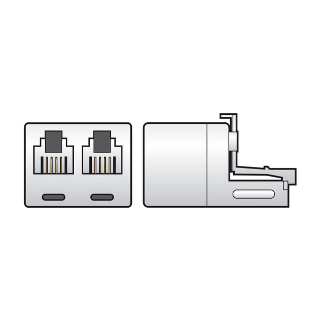 AV:Link RJ11 plug to 2 x RJ11 socket splitter by AVSL, shown in front and side view with white casing and twin modular sockets on a plain background.