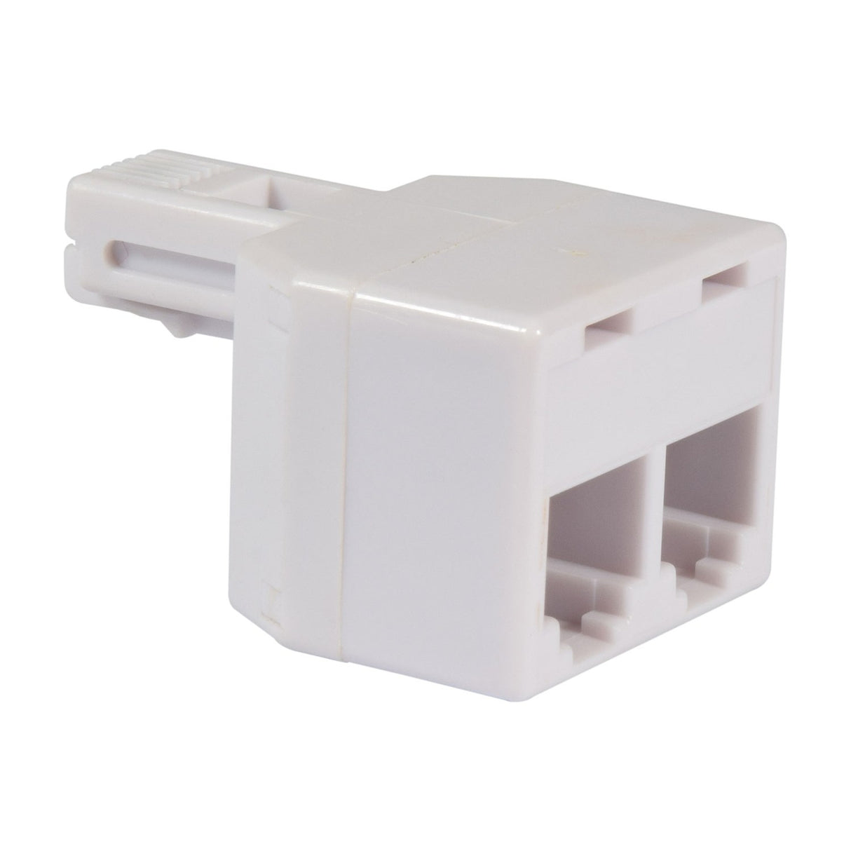 AV:Link RJ11 plug to two RJ11 socket splitter in white plastic, shown against a plain white background.
