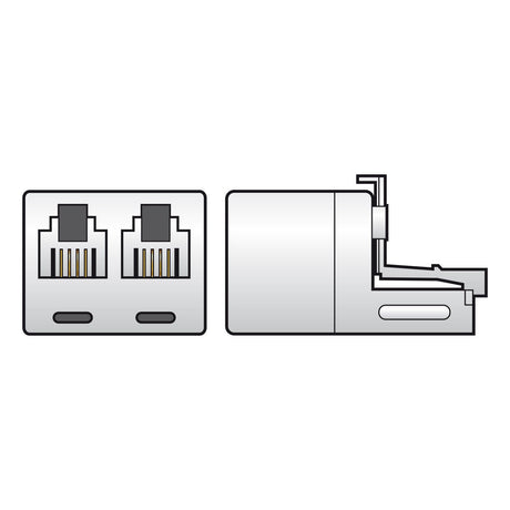 Illustration of the AV:Link Splitter RJ11 Plug featuring two RJ11 sockets on the left and a side view of the plug on the right, highlighting detailed internal telephone connections.