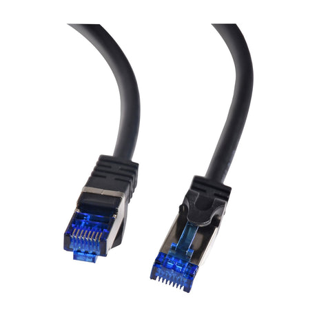 AV:Link Cat7 S/FTP 20m Ethernet patch lead by AVSL, showing two shielded RJ45 connectors with blue tips and matt black boots on a white background.
