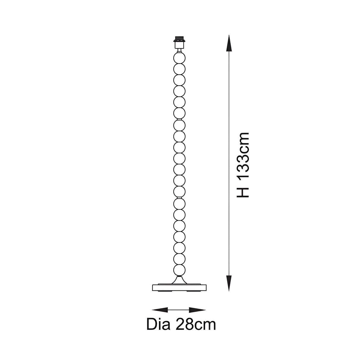 Technical line drawing of the Brenleigh Floor Lamp base with stacked metal spheres, showing height 133cm and base diameter 28cm.