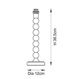 Line drawing of the Brenleigh Table Lamp base in blue, showing stacked metal spheres, E14 fitting, and dimensions H 36.5cm, Dia 12cm.