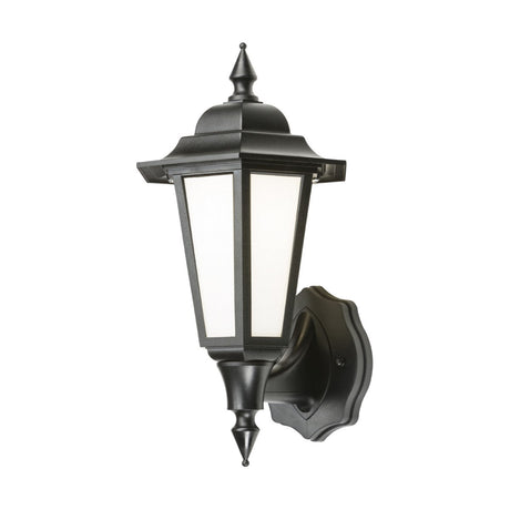 The Outdoor LED Wall Lantern - Black is designed with a classic rectangular, four-pane look and pointed finials, featuring an IP54 rating for durability. It includes cool white frosted glass panels and is completed with a decorative wall mount.