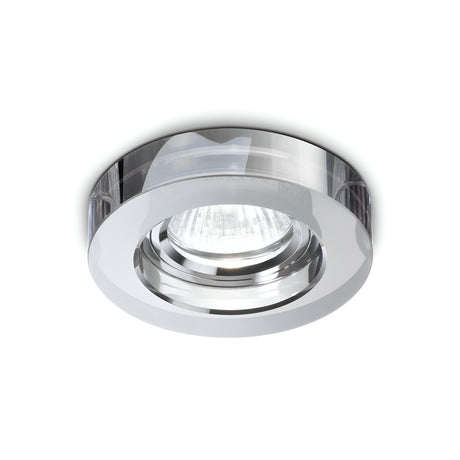 Introducing the Eden Round Recessed Downlight - Smoke, a contemporary and stylish fixture featuring a chrome finish with a clear glass rim. This indoor downlight showcases an exposed GU10 bulb for a modern look and includes optional dimmable functionality to create the perfect ambiance.