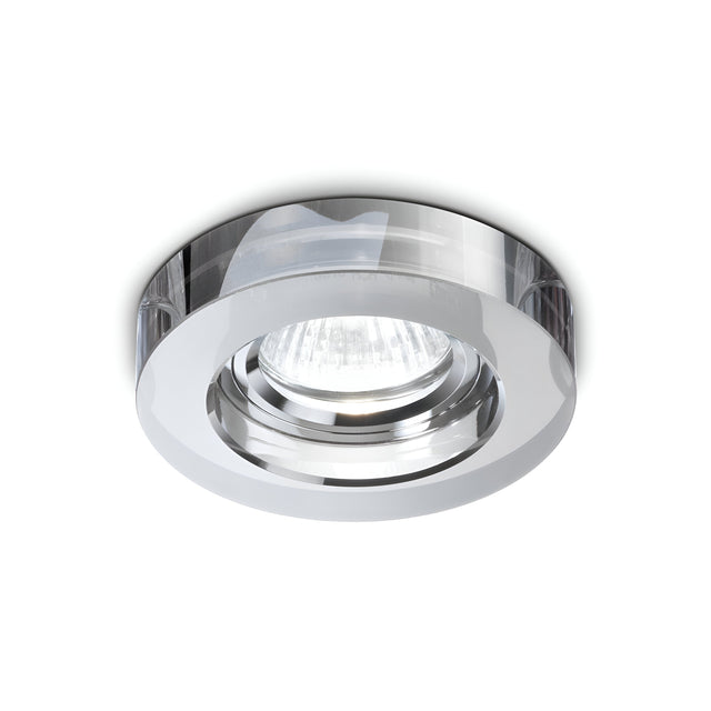 Introducing the Eden Round Recessed Downlight - Smoke, a contemporary and stylish fixture featuring a chrome finish with a clear glass rim. This indoor downlight showcases an exposed GU10 bulb for a modern look and includes optional dimmable functionality to create the perfect ambiance.
