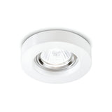 The Eden Round Recessed Downlight - White is a sleek, modern ceiling fixture with a circular design and a visible GU10 bulb at its center. This dimmable downlight adds elegance while providing adjustable lighting to suit any mood.