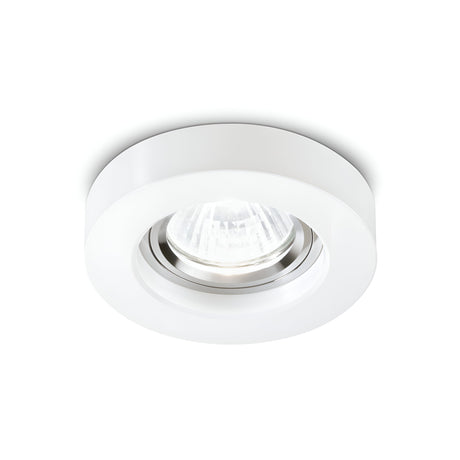 The Eden Round Recessed Downlight - White is a sleek, modern ceiling fixture with a circular design and a visible GU10 bulb at its center. This dimmable downlight adds elegance while providing adjustable lighting to suit any mood.
