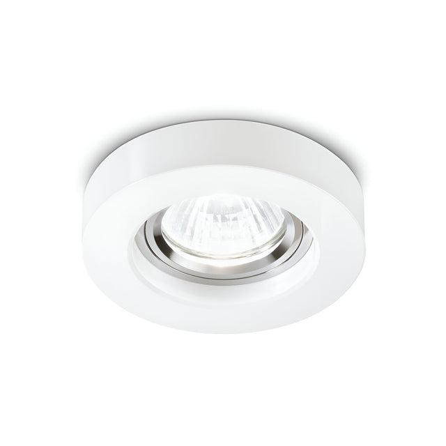 The Eden Round Recessed Downlight - White is a sleek, modern ceiling fixture with a circular design and a visible GU10 bulb at its center. This dimmable downlight adds elegance while providing adjustable lighting to suit any mood.