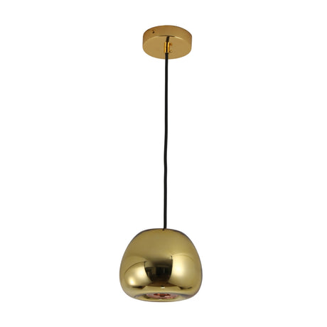 The Gulf Mini Glass Pendant Light - Brass features a modern compact design with a shiny brass dome-shaped shade, suspended from a black cord and complemented by a matching round brass ceiling mount.
