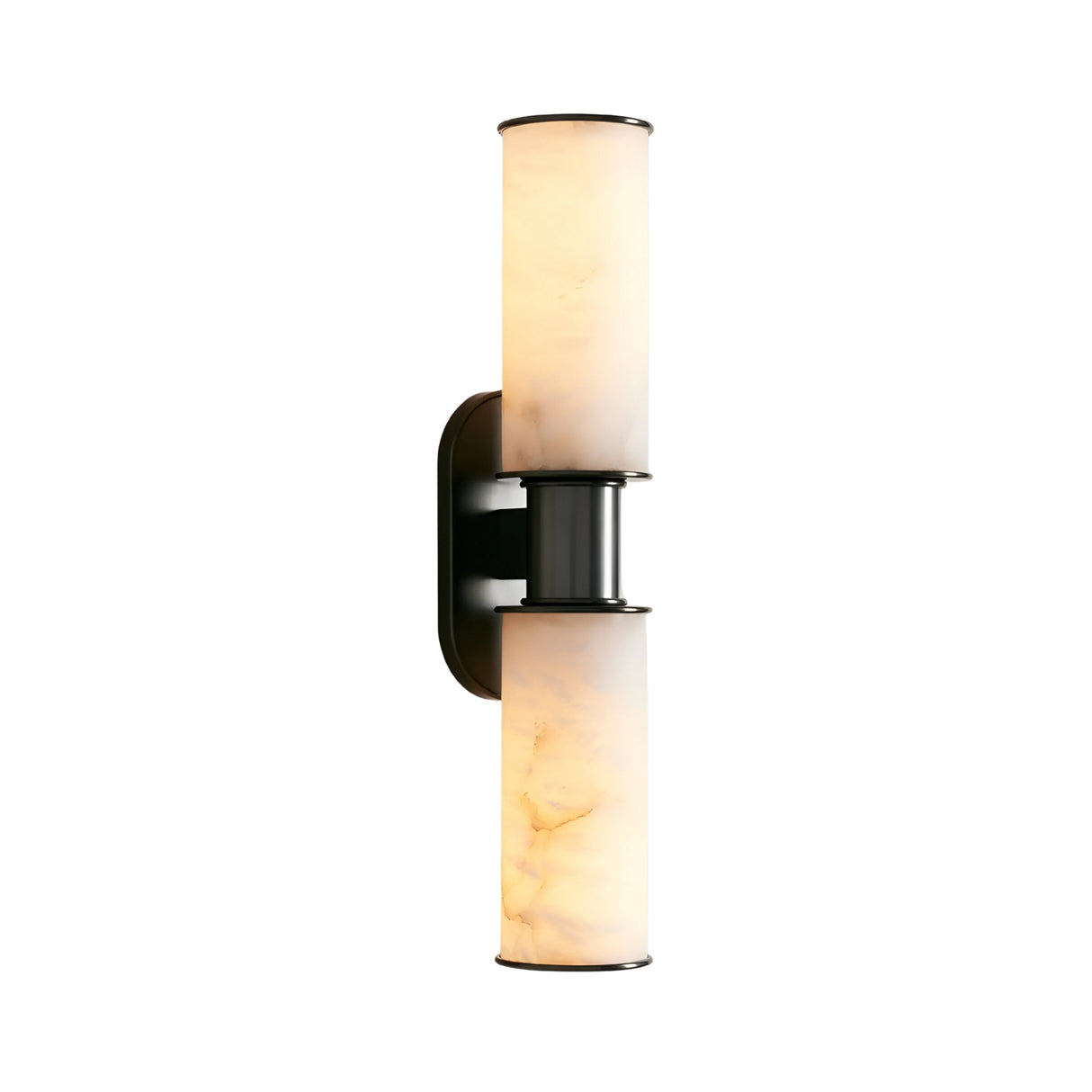 The Lumara 2 Light Twin Tube Alabaster Wall Light features two cylindrical alabaster shades, one above the other, on a matte black sconce, casting a soft white glow for an inviting ambiance.