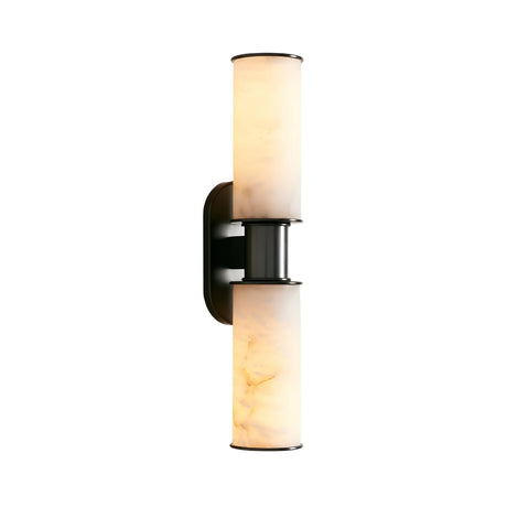 The Lumara 2 Light Twin Tube Alabaster Wall Light features two cylindrical alabaster shades, one above the other, on a matte black sconce, casting a soft white glow for an inviting ambiance.