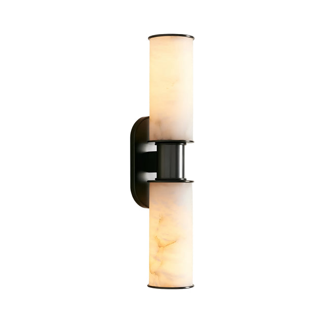 The Lumara 2 Light Twin Tube Alabaster Wall Light features two cylindrical alabaster shades, one above the other, on a matte black sconce, casting a soft white glow for an inviting ambiance.