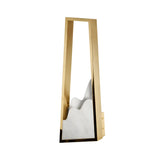 The Atria LED Right Alabaster Wall Light in brushed brass features a tall, angular frame and sculpted white panel, delivering bold architectural style and striking sculptural lighting against a white backdrop.