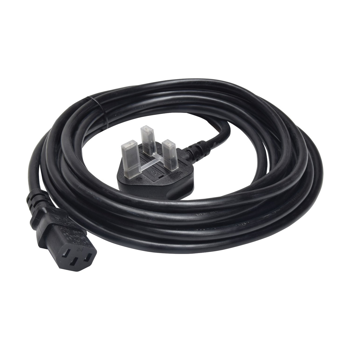 Mercury 5m black power lead coiled on a white background, with a UK 3-pin plug and IEC C13 socket connector at each end.
