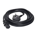 Mercury 5m black power lead coiled on a white background, with a UK 3-pin plug and IEC C13 socket connector at each end.