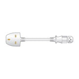 Mercury 1m power lead diagram showing a white UK 3-pin socket connected via cable to an IEC C13 plug on a plain background.