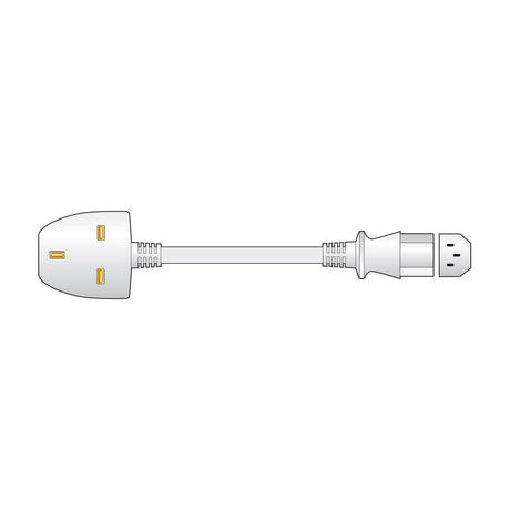 Mercury 1m power lead diagram showing a white UK 3-pin socket connected via cable to an IEC C13 plug on a plain background.