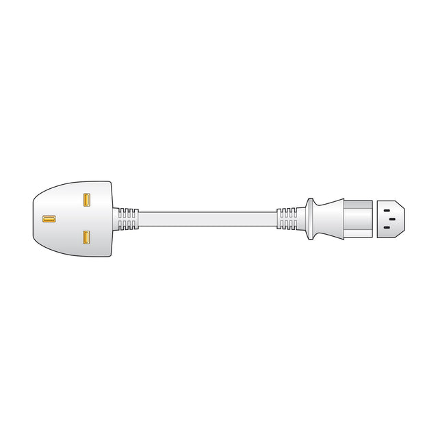 Mercury 1m power lead diagram showing a white UK 3-pin socket connected via cable to an IEC C13 plug on a plain background.