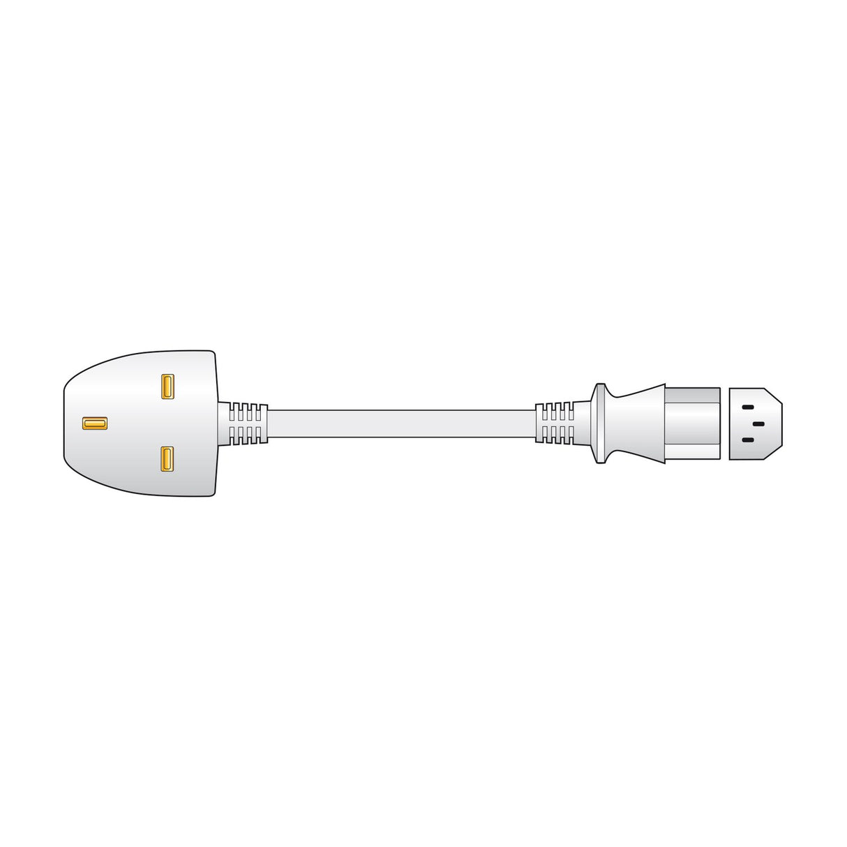 Mercury 2m white power lead with UK BS 1363 plug on one end and IEC C13 socket on the other, shown on a plain background.