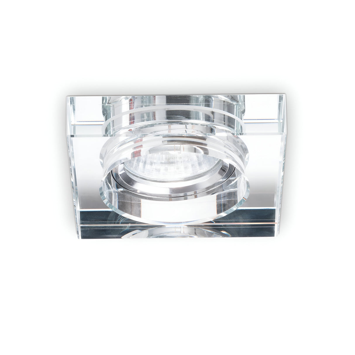 A close-up of the Eden Square Recessed Downlight - Clear, featuring a modern square design with a clear glass frame and a central GU10 bulb, installed against a white background. Its minimalist style enhances contemporary decor, while the dimmable lighting feature allows for versatile ambiance control.