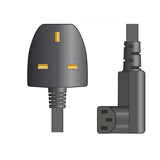 Mercury 1m UK plug to right-angle IEC C13 power lead in black, shown with fused three-pin plug and angled C13 connector on a white background.