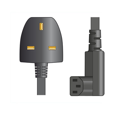 Mercury 1m UK plug to right-angle IEC C13 power lead in black, shown with fused three-pin plug and angled C13 connector on a white background.