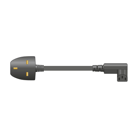 Mercury 1m UK plug to right-angle IEC C13 power lead in black with moulded UK plug and angled C13 connector on a white background.