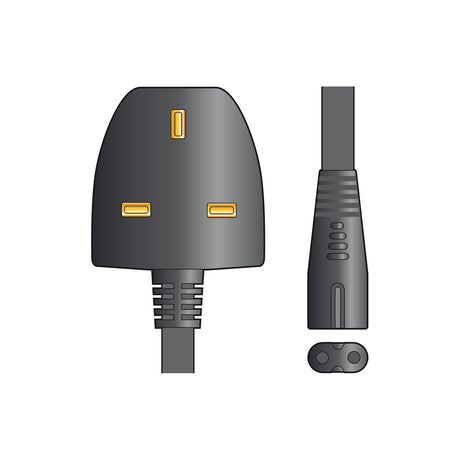 Mercury 2m UK plug to figure 8 C7 power lead in black, showing the moulded 3-pin plug and twin-pin C7 connector on a plain white background.