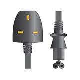 Mercury 1m black power lead with UK 3-pin plug and clover leaf IEC C5 socket, shown with end-on view of the three-lobed connector.