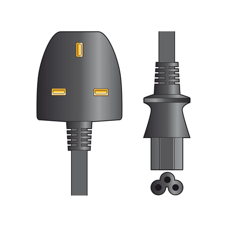 AVSL UK plug to clover leaf C5 socket power cable in black, showing the fused 3-pin plug and trapezoid three-hole connector on a white background.