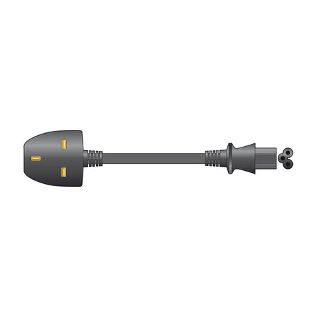 AVSL UK plug to clover leaf C5 socket 2m power cable in black, with fused 3-pin plug and trapezoid three-hole connector, on a white background.