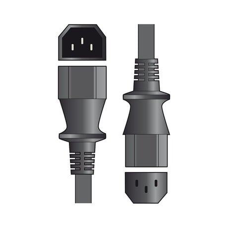 Mercury IEC 1m extension lead by AVSL showing black C14 plug and C13 socket connectors with end-on pin and port views on a white background.