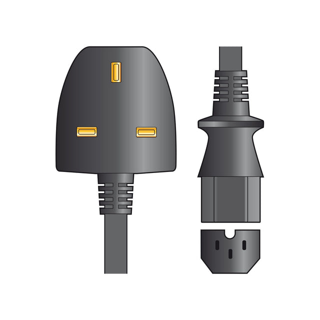 Mercury 2m heat-resistant mains lead illustration showing a black UK 3-pin socket end and IEC C13 female connector on a plain white background.