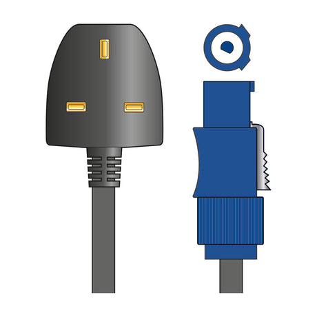 Citronic Twist and Lock 1.5m UK mains power cable with black 13A fused plug socket and blue locking connector on a white background.