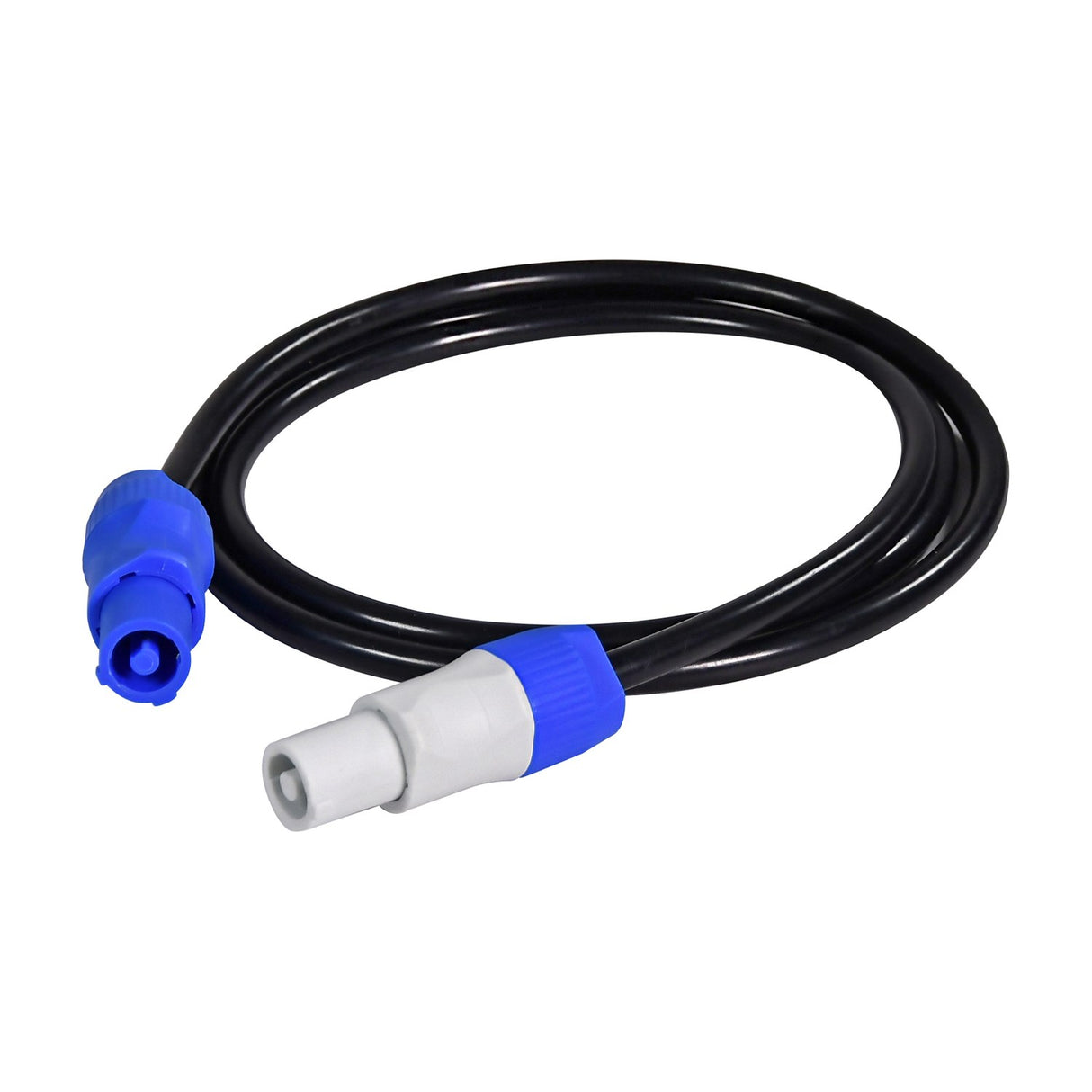 Citronic 1.5m daisy chain power cable with blue twist and lock connector and white power-in connector on a black lead, shown on a white background.