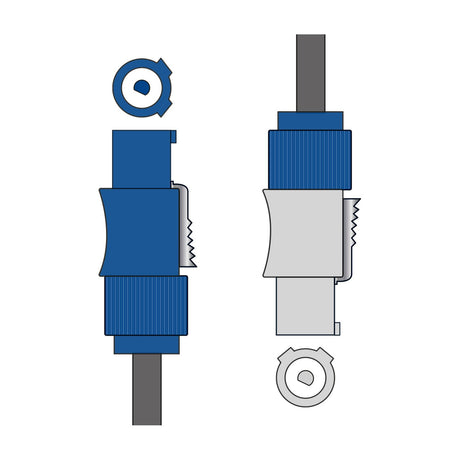 Diagram of Citronic Twist and Lock 6m daisy chain power cable connectors in blue and grey, showing the twist-lock mechanism and pin alignment.