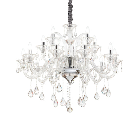 The Vivid Crystal 15 Light Chandelier - Chrome is a luxurious piece of decorative lighting featuring multiple arms with candle-style lights. It's adorned with tear-shaped crystals and strands, all hanging from a central frame. This chrome chandelier is elegantly designed for sophisticated settings.