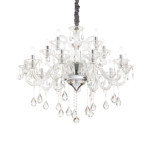 The Vivid Crystal 15 Light Chandelier - Chrome is a luxurious piece of decorative lighting featuring multiple arms with candle-style lights. It's adorned with tear-shaped crystals and strands, all hanging from a central frame. This chrome chandelier is elegantly designed for sophisticated settings.
