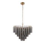 Endon Cranshaw 12 light tiered pendant with smokey grey cylindrical glass on a satin brass frame, hung from a chain against a plain white background.