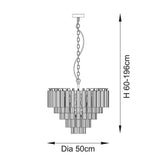 Technical line drawing of the Endon Cranshaw 12 light tiered pendant showing 50cm diameter and 60-196cm adjustable height on a chain suspension.