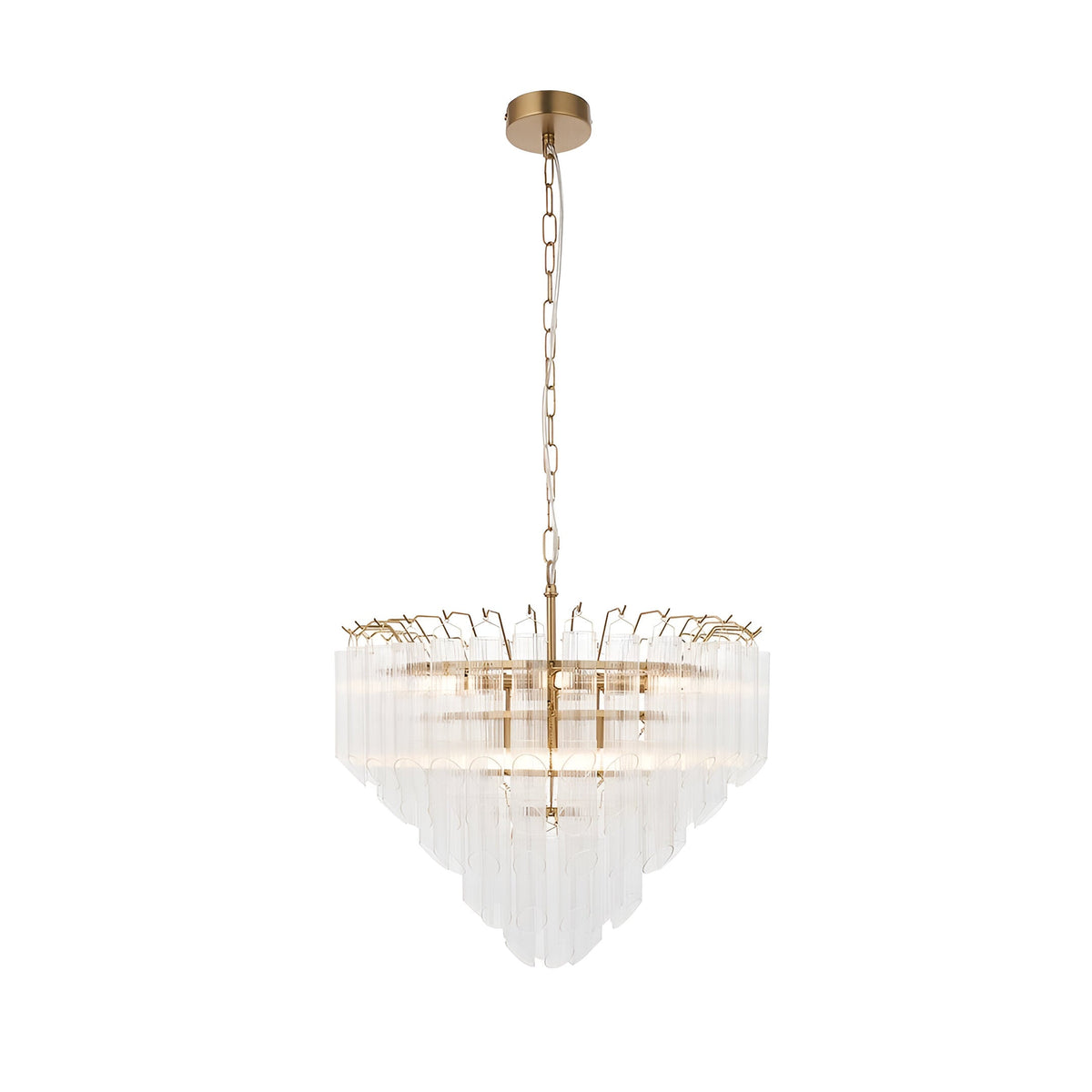 Cranshaw 12 Light Tiered Pendant in brass with clear ribbed glass rods, hung from a brass chain against a plain white background.