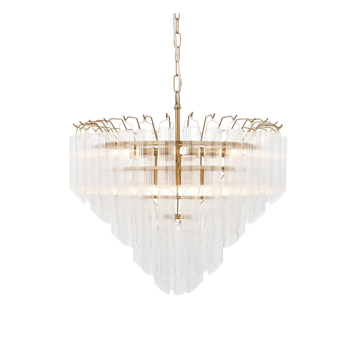 Cranshaw 12-light tiered pendant in satin brass with clear ribbed glass rods, suspended from a brass chain against a plain white background.