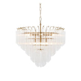 Cranshaw 12-light tiered pendant in satin brass with clear ribbed glass rods, suspended from a brass chain against a plain white background.